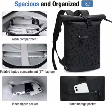 Roll-Top Backpack Waterproof for Women & Men, Large Laptop Backpack with Computer Compartment for 17-inch Laptop, Elegant Travel Backpack Daypack for Travel, Cycling, University, School - Diamond Pattern