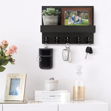 Дерев'яне ключниця на стіну з полицею, чорний колір, 5 гачків, для прихожої, спальні, вітальні