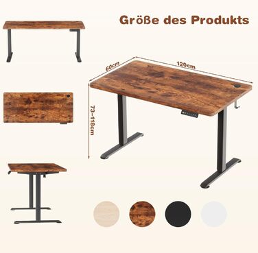 Devoko Adjustable Height Electric Desk - 120x60cm - Vintage Brown - Sit-Stand Desk with Memory Function & Collision Detection