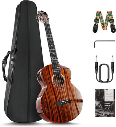 Гуталеле Caramel GEG95 з бокоте, глянцеве покриття | Акустична та електрогітара з аксесуарами для подорожей | 30' Baritone, чорне ебоні | Професійний набір, ручної роботи