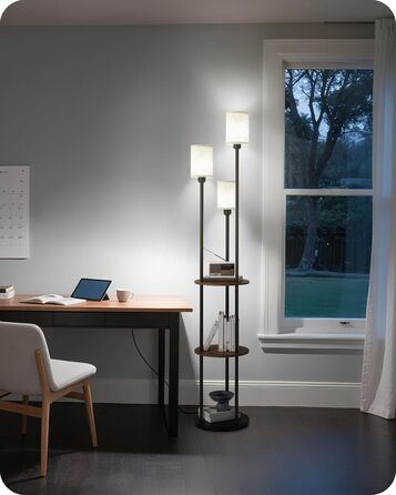 Стельова лампа для вітальні з поличкою, 3-хламкова, вінтажний стиль, бохо, з дерева, з вимикачем на ніжці, E27, ретро, коричнево-бежева ZEF53LDD05