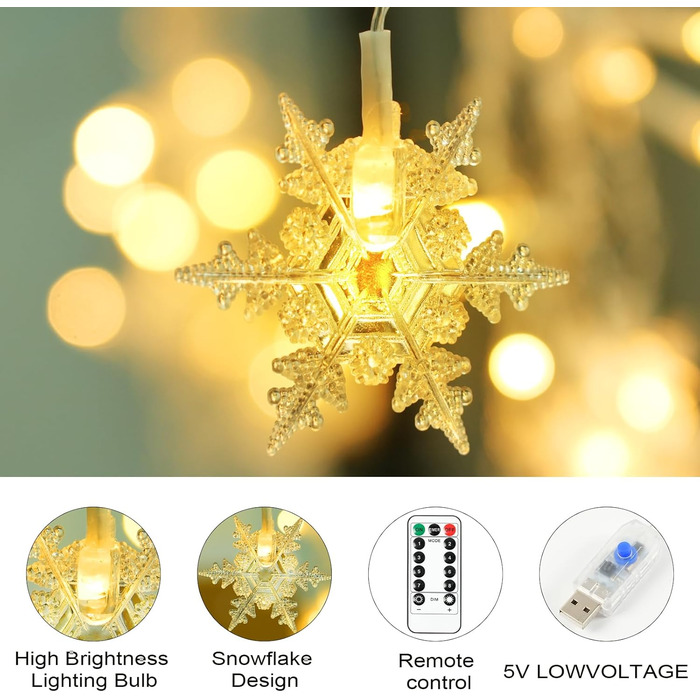 Льоново-снігові гірлянди AUAUY для прикраси дому та саду, 6м, 40 LED, тепле світло, 2 режими, водонепроникні, з пультом (4м)