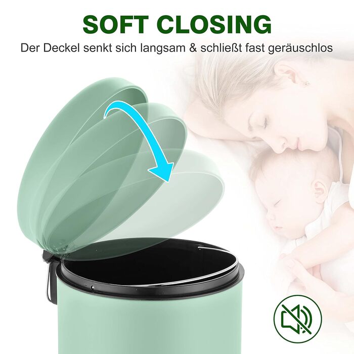 Сміттєве відро Ribelli 30 л з нержавіючої сталі, з педальним механізмом, з внутрішнім відром, м'яке закриття, сортування сміття, кругле (м'ятний)