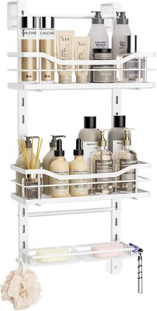 SWTYMIKI Adjustable Hanging Shower Shelf - No-Drill Shower Shelf for Glass Door, Stainless Steel Shower Shelf with Hooks and Soap Holder, Shampoo Holder for Shower, White