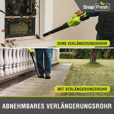 Акумуляторний повітродув SnapFresh 20В, 210 км/год, 240 м³/год, з акумулятором і зарядним, 2 швидкості, легкий 1,2 кг, для саду та газону, зелений