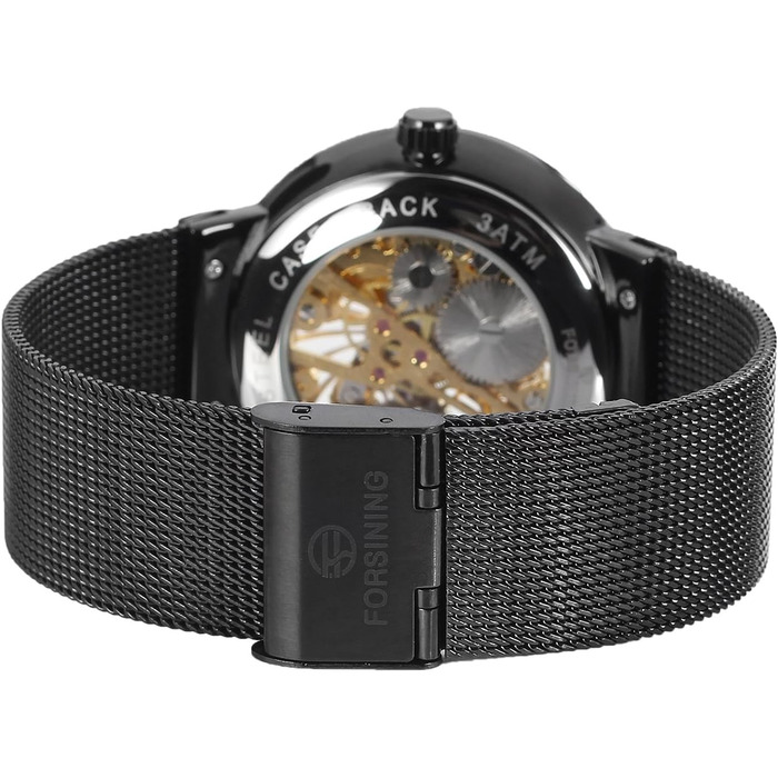 Чоловічий механічний годинник FORSINING з тонким корпусом та сталевим браслетом, Skeleton, чорний колір