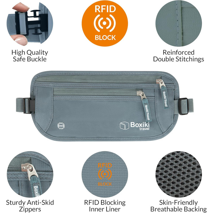 Грошовий пояс на талію Boxiki Travel з RFID-захистом - для документів, грошей та телефону - безпечний та зручний для подорожей (Сірий)