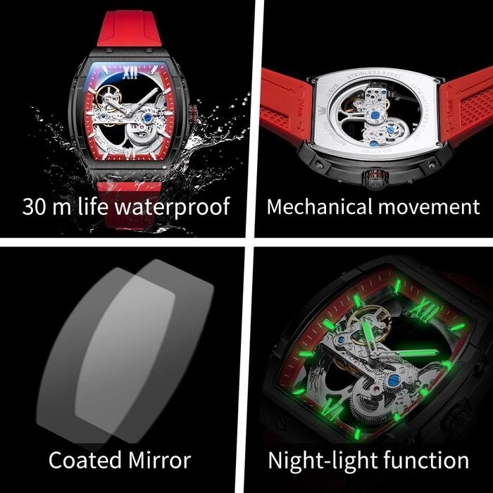 Чоловічий скелетонний годинник OLEVS автоматичний, розкішний годинник зі сталі з великим циферблатом, календарем та підсвіткою, водонепроникний (Колір: Червоний)