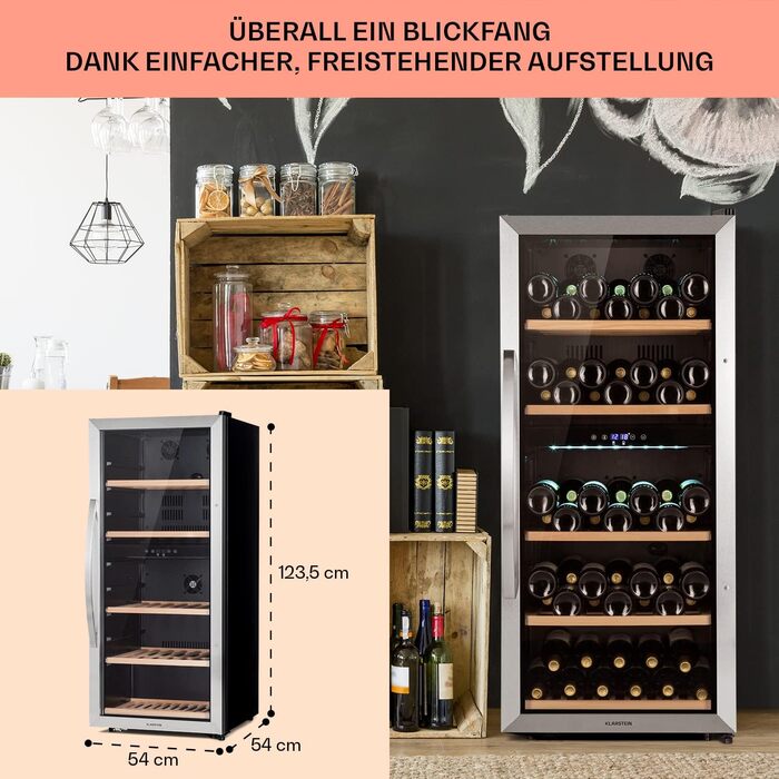 Klarstein Wine Refrigerator - Freestanding 33 Bottle Wine Cooler with Dual Zone & Glass Door - Indoor/Outdoor Beersafe with LED Lighting - 5-18°C