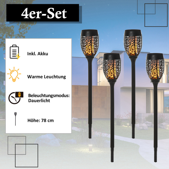 Outsunny Solar Light Outdoor 4-Piece Set Garden Light IP44 Waterproof 6-8h Lighting Duration Warm Light Source Plastic Black Ø12 x H72cm