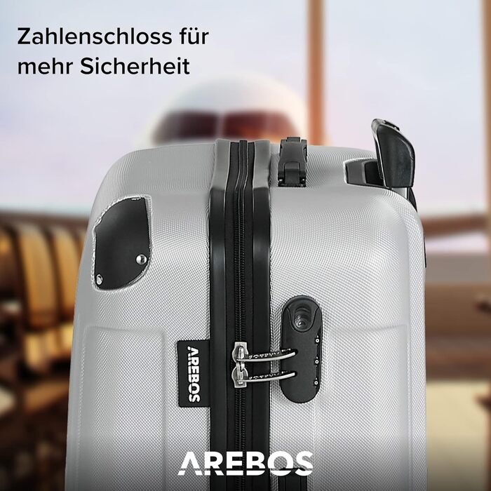 Набір валіз Arebos 4шт з ABS-пластику | Чотири валізи S-M-L-XL | Валіза-троль | З телескопічною ручкою та замком-блискавкою | 360° колеса | Сріблястий колір