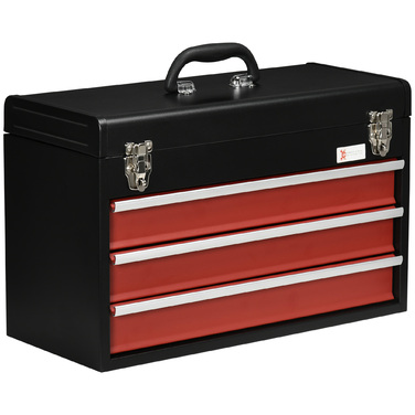 DURHAND Tool Case Practical Tool Box without Tools 3 Drawers with Handle Steel Lock Black Red