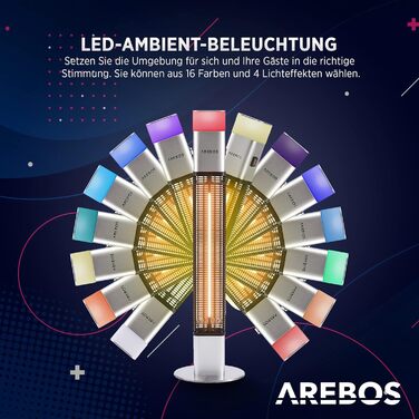 Електричний інфрачервоний обігрівач Arebos 1500W для тераси | з LED-підсвічуванням та пультом керування | Сріблястий колір | Обігрівач на вугільному інфрачервоному випромінюванні