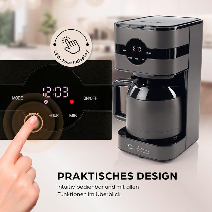 Кавомашина Barista Filterkaffeemaschine з регульованим млинком та термосклом | Функція підігріву, таймер 24г та постійний фільтр | На 10 чашок кави | Кавоварка для зерен та меленої кави [Нержавіюча сталь] (11) Сіра