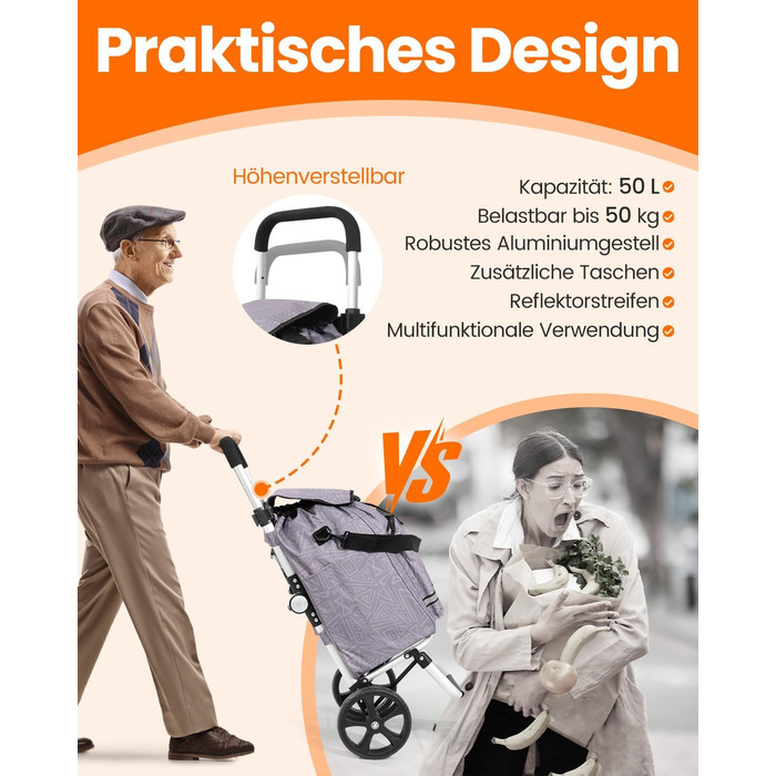 Складаний візок для покупок Homecall 50л з охолодженням, 3 в 1: візок, сумка, таскач, з принтом Geometrie, стандартні колеса