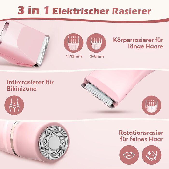 Електричний тример для інтимної зони для жінок 3-в-1, для бікіні, обличчя та тіла, бездротовий, водонепроникний, для чутливої шкіри (білий/рожевий)