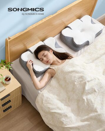 Подушка SONGMICS ергономічна з Memory Foam, висота регулюється, для сну на боці, спині та животі, колір: білий + сірий, поліестер