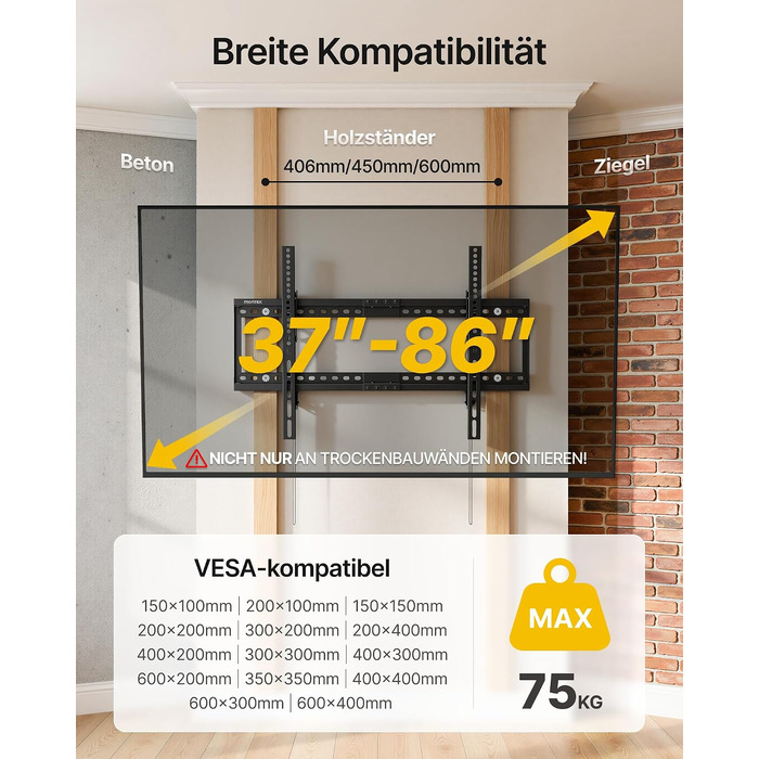 Настінний кронштейн для телевізора monTEK Ultra Flach (37-86 дюймів), до 75 кг, нахильний, VESA до 600x400 мм, для бетонних та дерев'яних стін