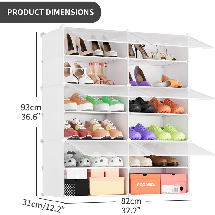 Plastic Shoe Cabinet, DIY Simple Shoe Rack, Narrow, with Door, Steel Frame, Stable, for Hallways, Bedrooms, Entryways, White with Transparent Door, 2 * 6