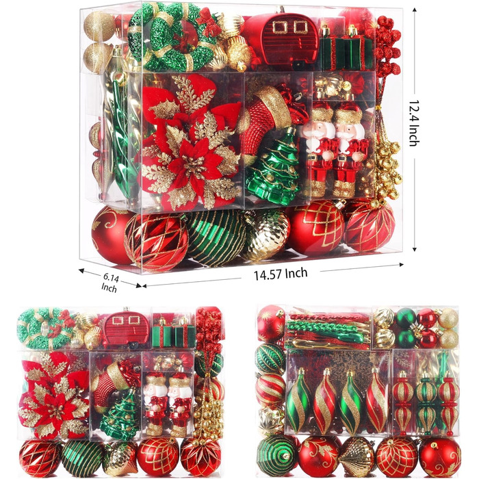 Набір прикрас на ялинку Shareconn 135 шт. - міцні ялинкові кулі з мотузкою, різні розміри та кольори (червоний, зелений, золотий) для декору ялинки в приміщенні та на вулиці