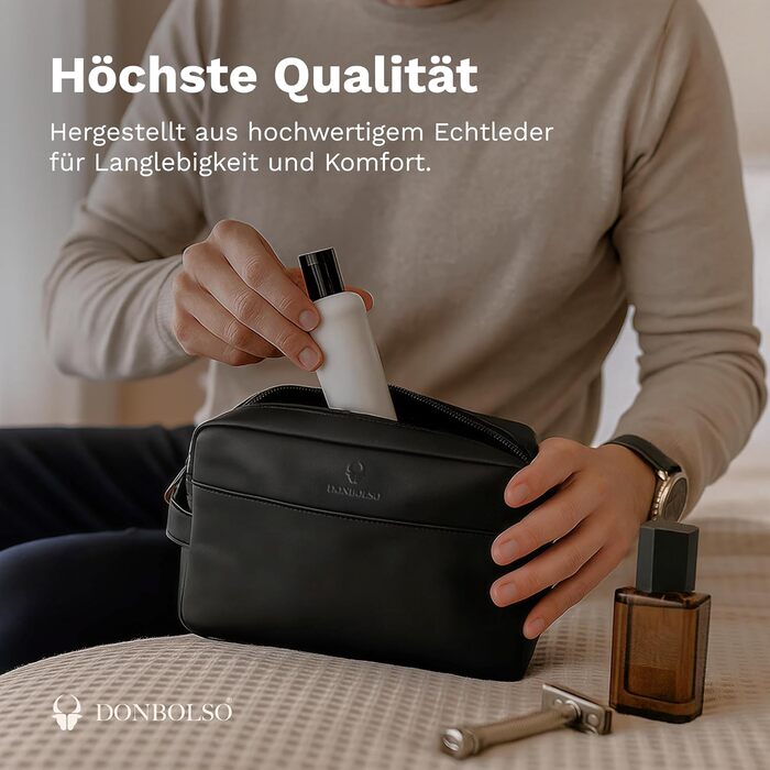Сумка для косметики DONBOLSO Stockholm - Преміум шкіряна сумка для подорожей - Шкіряна косметичка для жінок та чоловіків з великою кількістю відділень - 25x13x15 см, Вінтажний чорний колір