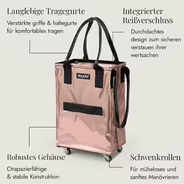 HULKEN - (Small, Rose Gold) Reusable shopping bag on wheels. The shopping cart can carry up to 30 kg, has sturdy handles, a zipper, and is flat, lightweight, and foldable.