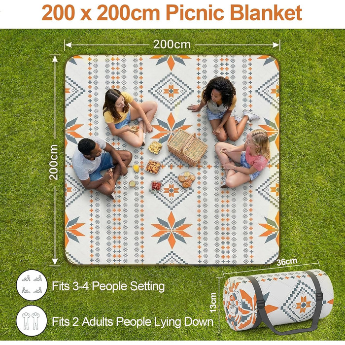 Плед для пікніка 200x200 см водонепроникний, пральний, антипісочний - килимок для пляжу, кемпінгу, 4-6 осіб, з ручкою для перенесення