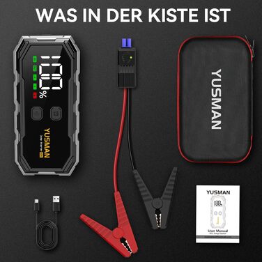 Powerbank для автомобіля Starthilfe: 6000A бустер для акумулятора, LED-ліхтарик, дисплей, кабель. Підходить для SUV, мотоциклів, газонокосарок Black