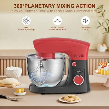 Кухонна машина-міксер Facelle 1500W з 5.5L та 4.5L чашами, 10+ програм, тиха робота, з набором насадок (червоно-сіра)