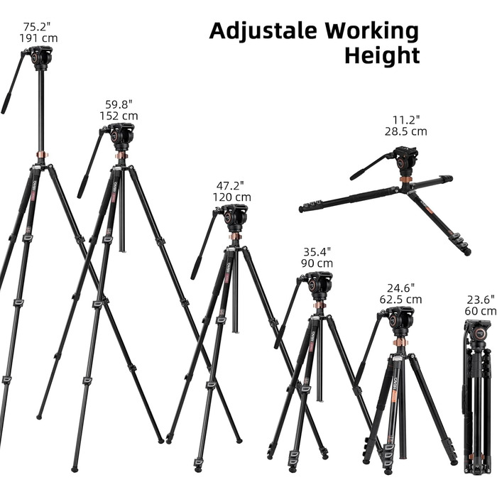 Штатив відео Cayer FP2450 з плинною головкою, 75 дюймів, алюміній, 4 секції, компактний, перетворюється на монопод, для DSLR, до 6 кг