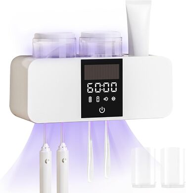 Toothbrush Cleaner and Wall-Mounted Toothbrush Holder, Cleaning and Air-Drying, LED Smart Display and Timer Function, Rechargeable, Wireless, Toothbrush Holder for Bathroom (White/Opulent Garden)