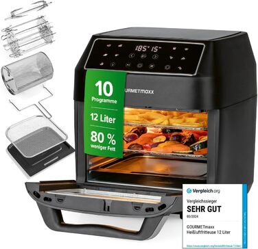 GOURMETmaxx Hot Air Fryer 12 L Airfryer | Deep Fryer with 9 Functions, Touch Display, Rotating & Skewer Spits | 10 Programs incl. Pizza | Mini Oven 1700 W – virtually without oil, matte black, 12 liters