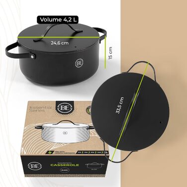 Каструля Be Living Essential з кришкою, 24 см, 4 л, антипригарне покриття Keramik Antihaft, для індукційних плит, без PTFE та PFOA, чорна