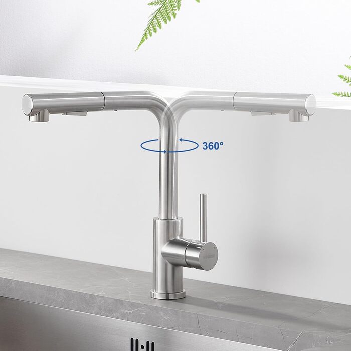 Висувна кухонна змішувач з душем, 360° поворот, нержавіюча сталь, 2 режими струменя, кухонна змішувач преміум-класу, сріблястого кольору