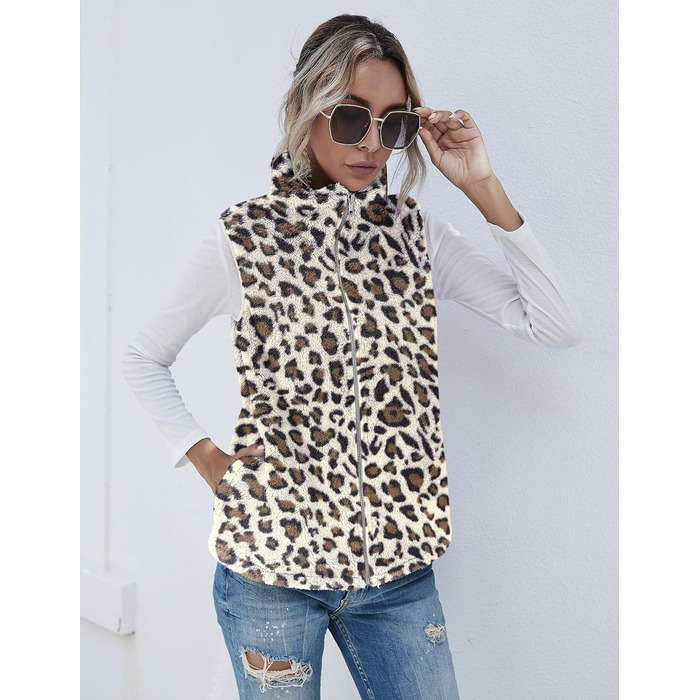 Жіноча жилетка Rapbin з м'якого флісу Teddy, тепла безрукавка на осінь/зиму, стильна та легка, однотонна жилетка, жіночий осінній верхній одяг (L, Абрикосовий, Леопард)