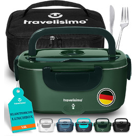 Електрична ланчбокс TRAVELISIMO 80W 1,5L 3-в-1: для авто, вантажівки, офісу. Підігрів їжі 12V/24V/220V. Зелений колір