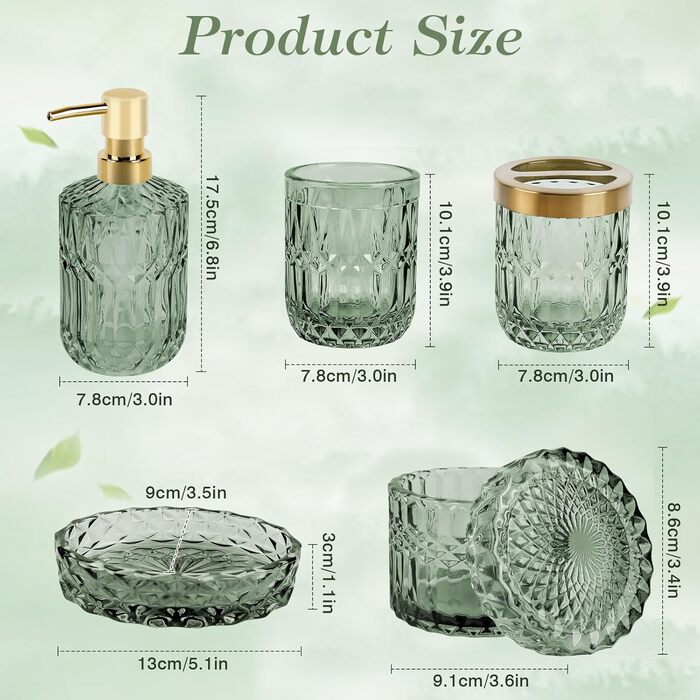 Набір аксесуарів для ванної кімнати NZZVNZ, 5 шт. - зелене скло, набір мильниць, дозатор мила, тримач для зубних щіток, контейнер для ватних паличок, склянка, декор для ванної кімнати, вінтажний подарунок