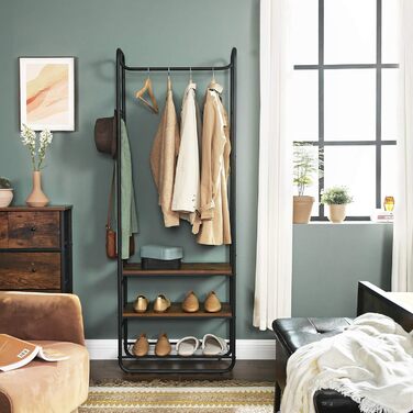 VASAGLE Coat Rack, Coat Stand, Clothes Rack with Shoe Storage, Shoe Shelf, Entryway, Bedroom, 58 x 28 x 181 cm, Scandinavian, Matt White-Gold Oak Finish HSR81WN (Vintage Brown + Black)