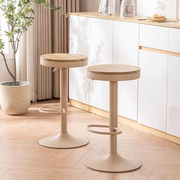 YOUNIKE Adjustable Bar Stools 2-Pack - Wooden Swivel Counter Height Chairs with Footrest for Kitchen & Bar (Vintage, Khaki)