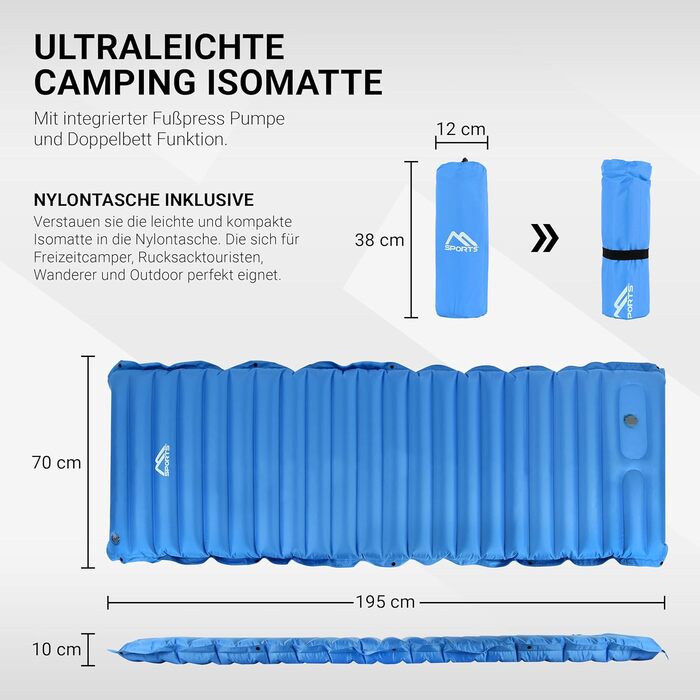 MSPORTS Кемпінговий килимок Isomatte Premium, ультралегкий, вологостійкий для кемпінгу, піших прогулянок, подорожей з рюкзаком, пляжу. З насосом для накачування. (Королівський синій)