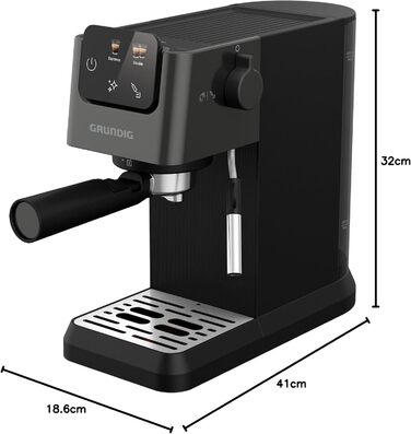 Кавоварка еспресо GRUNDIG KSM 4330 з паровою насадкою для молока, для меленої кави, знімний резервуар для води, сенсорний дисплей, 1626 Вт, функція пам'яті, чорна
