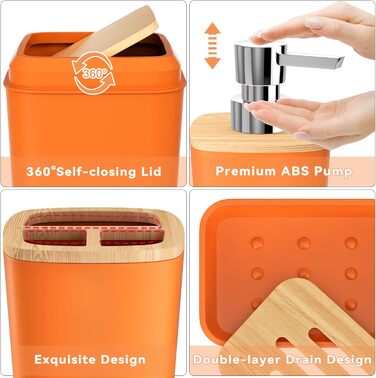 Набір аксесуарів для ванної кімнати, 9 предметів: сміттєвий кошик, тримач для зубних щіток, стакан для зубних щіток, дозатор для лосьону/мила, тумбочка для раковини, мильниця, щітка для унітазу, тримач для ватних паличок (Помаранчевий, Комплект для ванни 