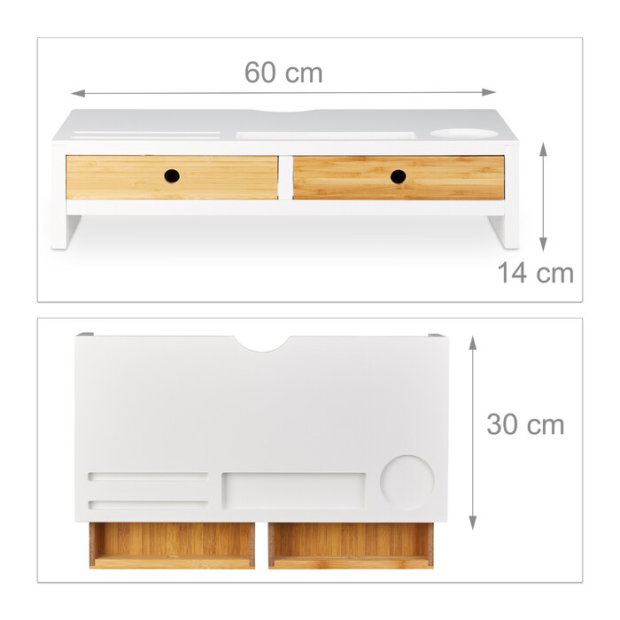 Relaxdays Bamboo Monitor Stand with 2 Drawers, White