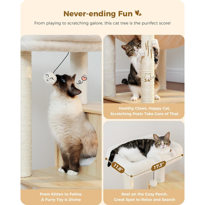 Дерев'яний кігтеточка для котів Petpela Katzenbaum 143см з гамаком та лежаком, обтягнутий сизалевим мотузком, бежевий