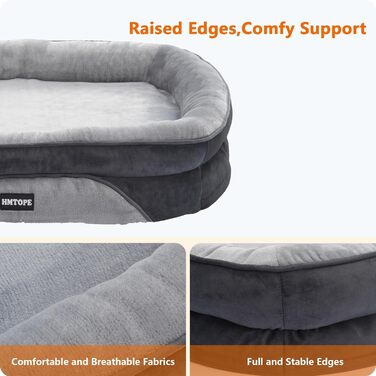 Ортопедичне ліжко для собак, ліжко-софа для собак з валиком, неслизьке дно, знімне та миюче, середні та великі породи, 106 x 79 x 17 см, світло-сірий колір