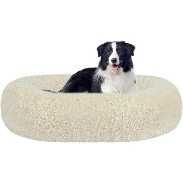 Ортопедичне ліжко для собак круглої форми, м'яке собаче ліжко, диван для котів та собак, ліжко-донат, зручний собачий кошик, можна прати, діаметр 70 см, (Д 90 x Ш 90 x В 20 см, Бежевий)