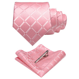 Чоловіча краватка та хустинка до костюма JEMYGINS в клітку (Рожевий) + Затискач для краватки