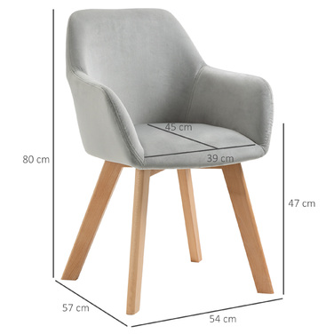 HOMCOM Dining Chairs 2-Piece Set Kitchen Chairs with Arm & Backrest, Velvet-Look Upholstery, Wooden Legs, Grey | Aosom
