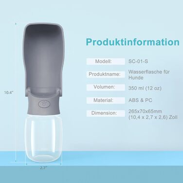 Водяна пляшка для собак на прогулянку 570мл або 350мл: для цуценят, маленьких, середніх та великих собак. Вода в дорогу (Сірий)