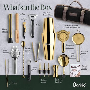 Набір бармена Barillio з золотим шейкером: 17 предметів, сумка для подорожей, вощена тканина - мобільний бар для коктейлів